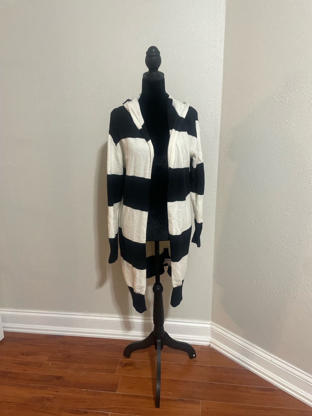 POPSUGAR Black & White Striped Hooded Open-Front Cardigan